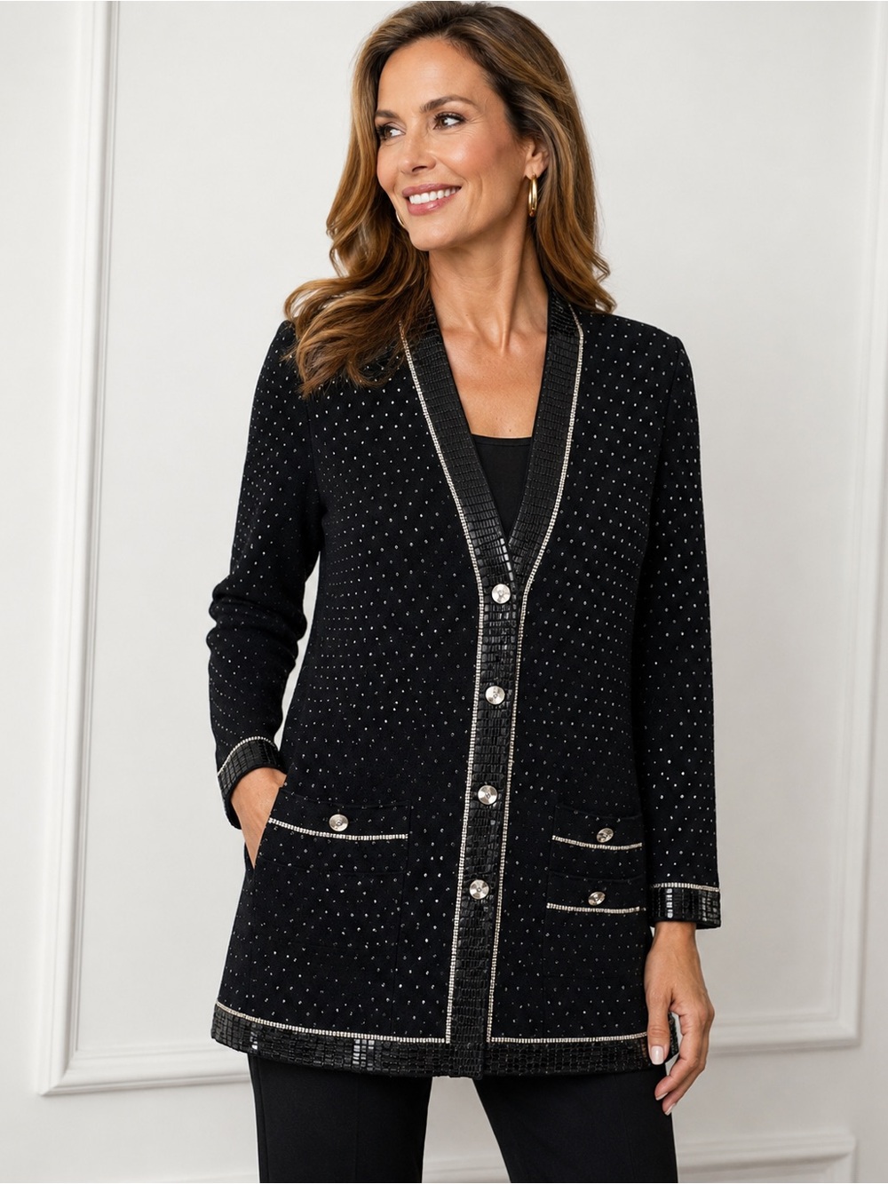 St John Marie Santana Knit Black Sequin Evening Jacket Formal Cocktail, 8